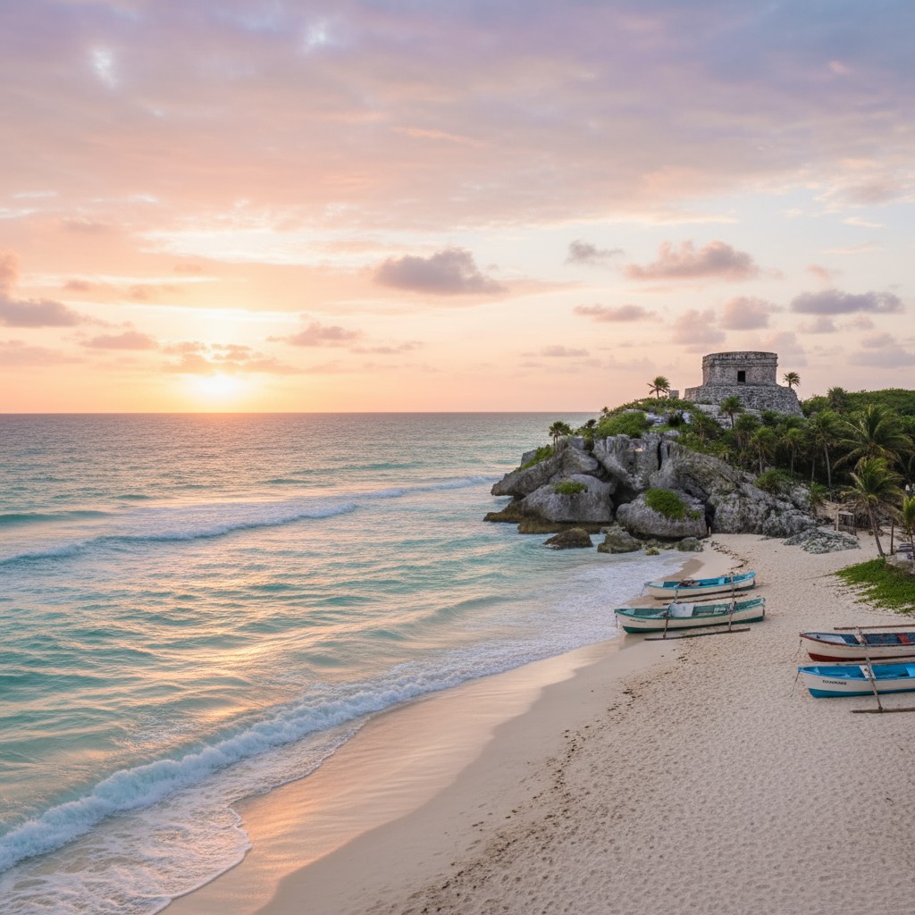 A scenic beach at sunset with boats in the foreground, reflecting the sky, palm trees, and chairs on the shore, and a rock...