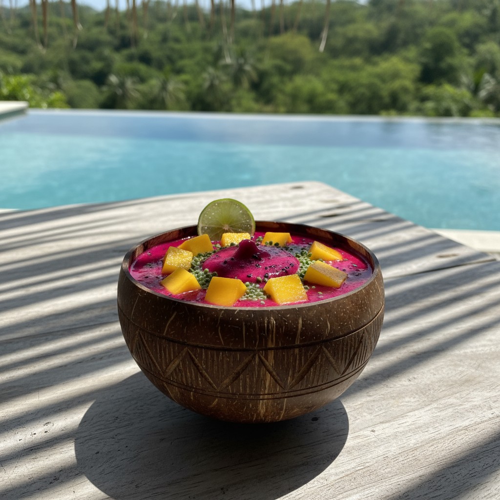 An acai bowl topping of fruit and chia sits on a wooden table beside a pool and tropical jungle.