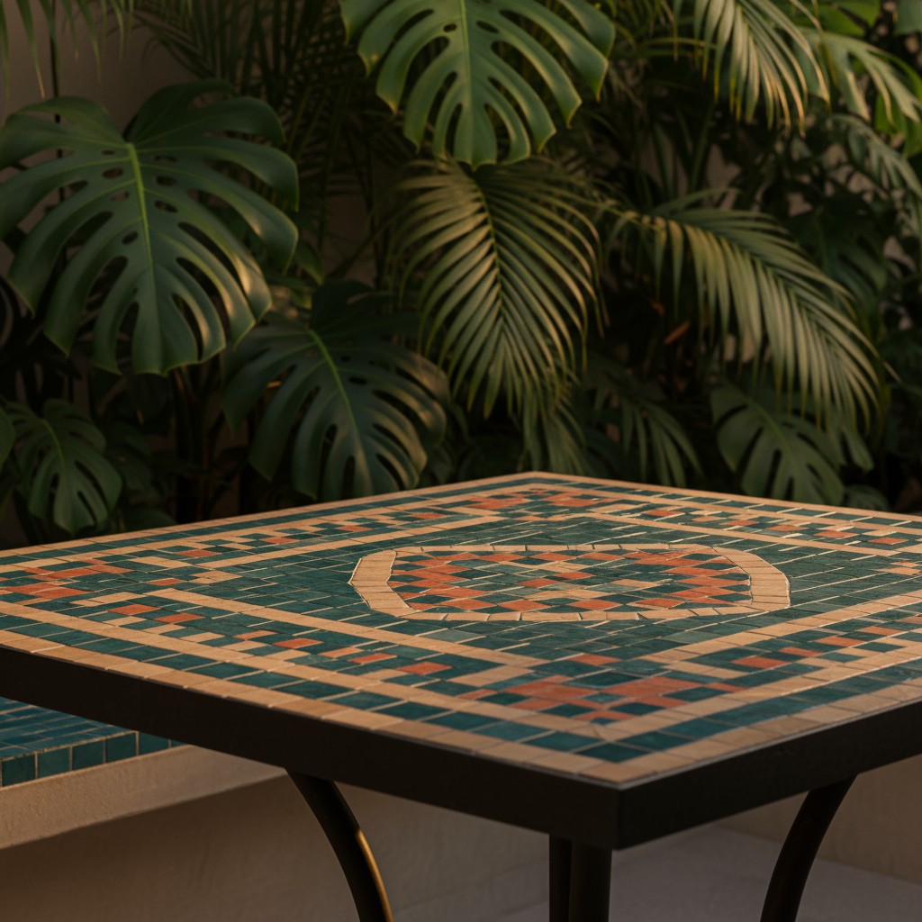 Decorative tile table with a pattern of green, tan, and coral on the top, outdoors with plant in background