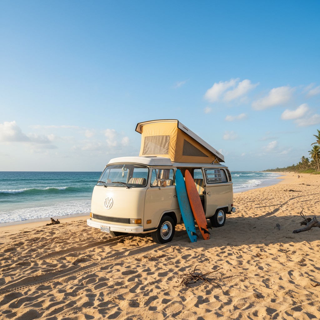 A vintage VW van, its white paint worn to a warm cream, is parked on a sandy beach, sporting a distinctive VW logo on its ...